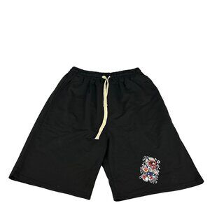 Mens Black Drawstring Sports Shorts With Cartoon Football Print - Size L